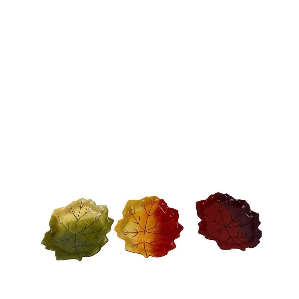 3 Clay Art plates‎ Leaves Stone art green orange red